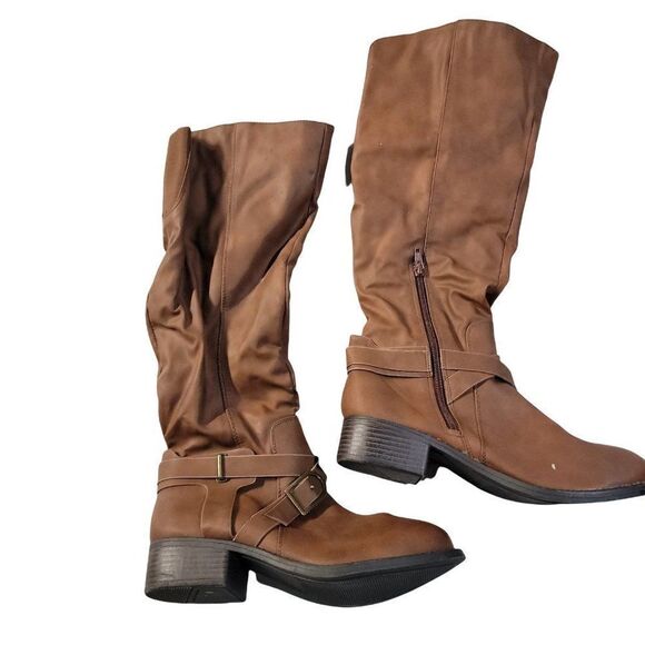 Kohls Womens Brown Leather Round Toe Block Heel Knee High Riding Boot Size 8.5 W - Picture 1 of 8